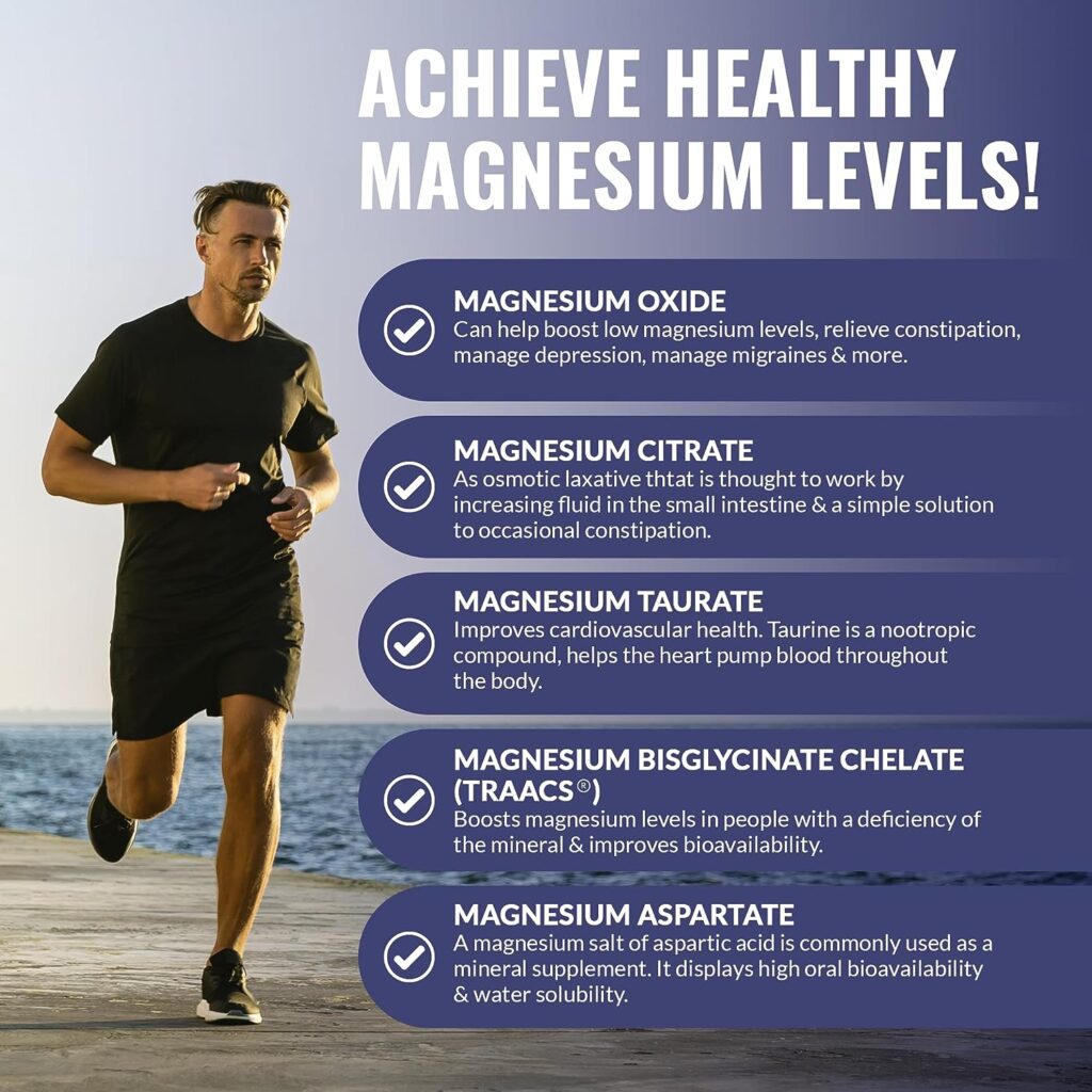 Best Magnesium Complex 500mg - 5 Types of Magnesium Glycinate, Oxide, Taurate, Chelate, Magnesium Citrate. Max Absorption Magnesium Supplement for Calm, Sleep, Leg Cramps, Headaches - 4 Months Supply