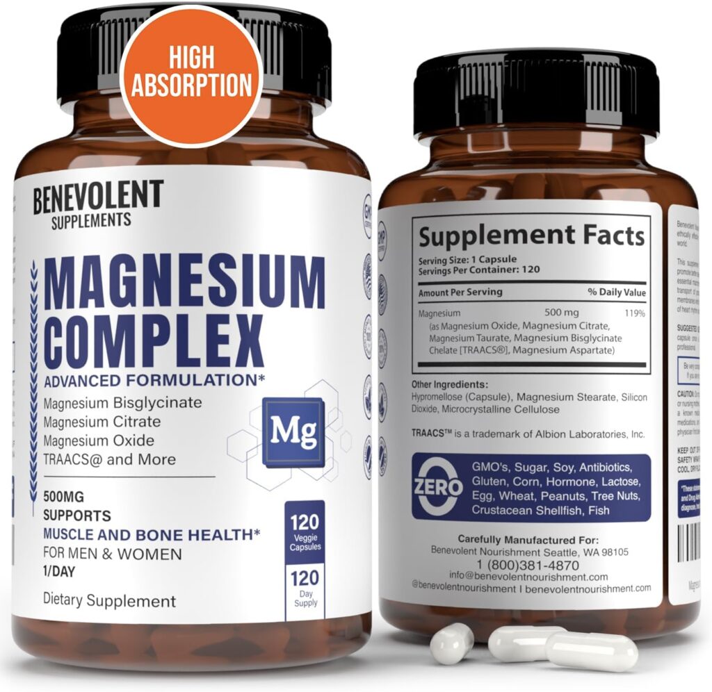 Best Magnesium Complex 500mg - 5 Types of Magnesium Glycinate, Oxide, Taurate, Chelate, Magnesium Citrate. Max Absorption Magnesium Supplement for Calm, Sleep, Leg Cramps, Headaches - 4 Months Supply