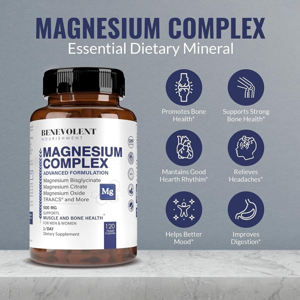 Best Magnesium Complex 500mg - 5 Types of Magnesium Glycinate, Oxide, Taurate, Chelate, Magnesium Citrate. Max Absorption Magnesium Supplement for Calm, Sleep, Leg Cramps, Headaches - 4 Months Supply