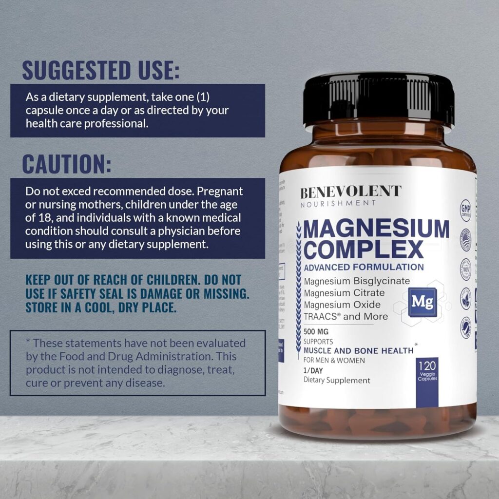 Best Magnesium Complex 500mg - 5 Types of Magnesium Glycinate, Oxide, Taurate, Chelate, Magnesium Citrate. Max Absorption Magnesium Supplement for Calm, Sleep, Leg Cramps, Headaches - 4 Months Supply