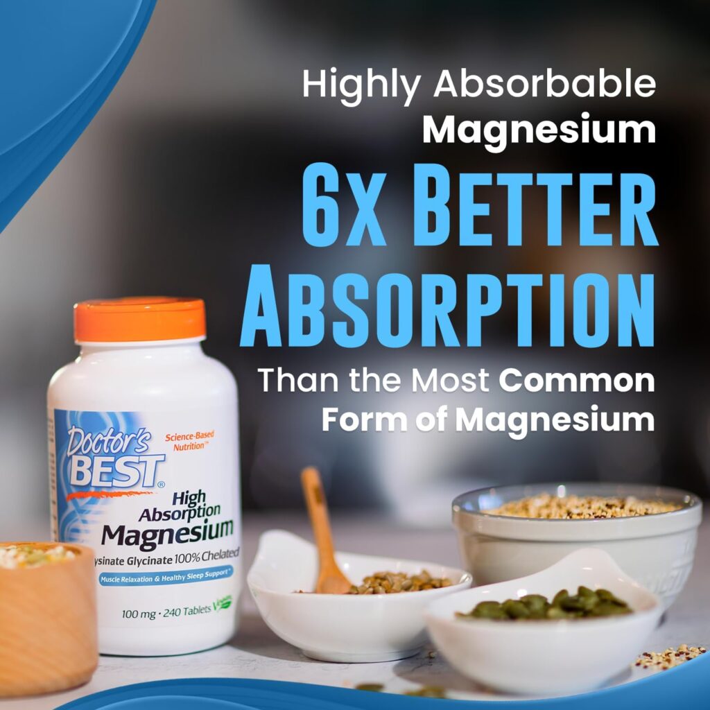 Doctors Best High Absorption Magnesium Glycinate Lysinate, 100% Chelated, Non-GMO, Vegan, Gluten  Soy Free, 100 mg, 240 Count