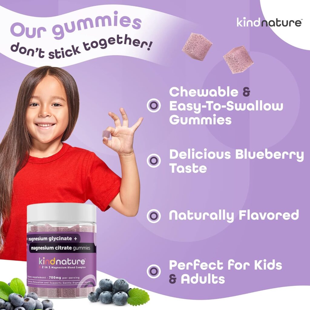 Kind Nature 2-in-1 Magnesium Gummies - 1000mg Magnesium Citrate Gummies  400mg Magnesium Glycinate Gummies for Kids  Adults - High Absorption Magnesium Complex Supplement for Calm  Sleep Support