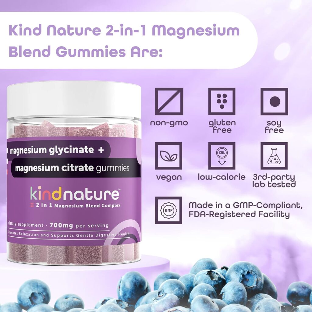 Kind Nature 2-in-1 Magnesium Gummies - 1000mg Magnesium Citrate Gummies  400mg Magnesium Glycinate Gummies for Kids  Adults - High Absorption Magnesium Complex Supplement for Calm  Sleep Support