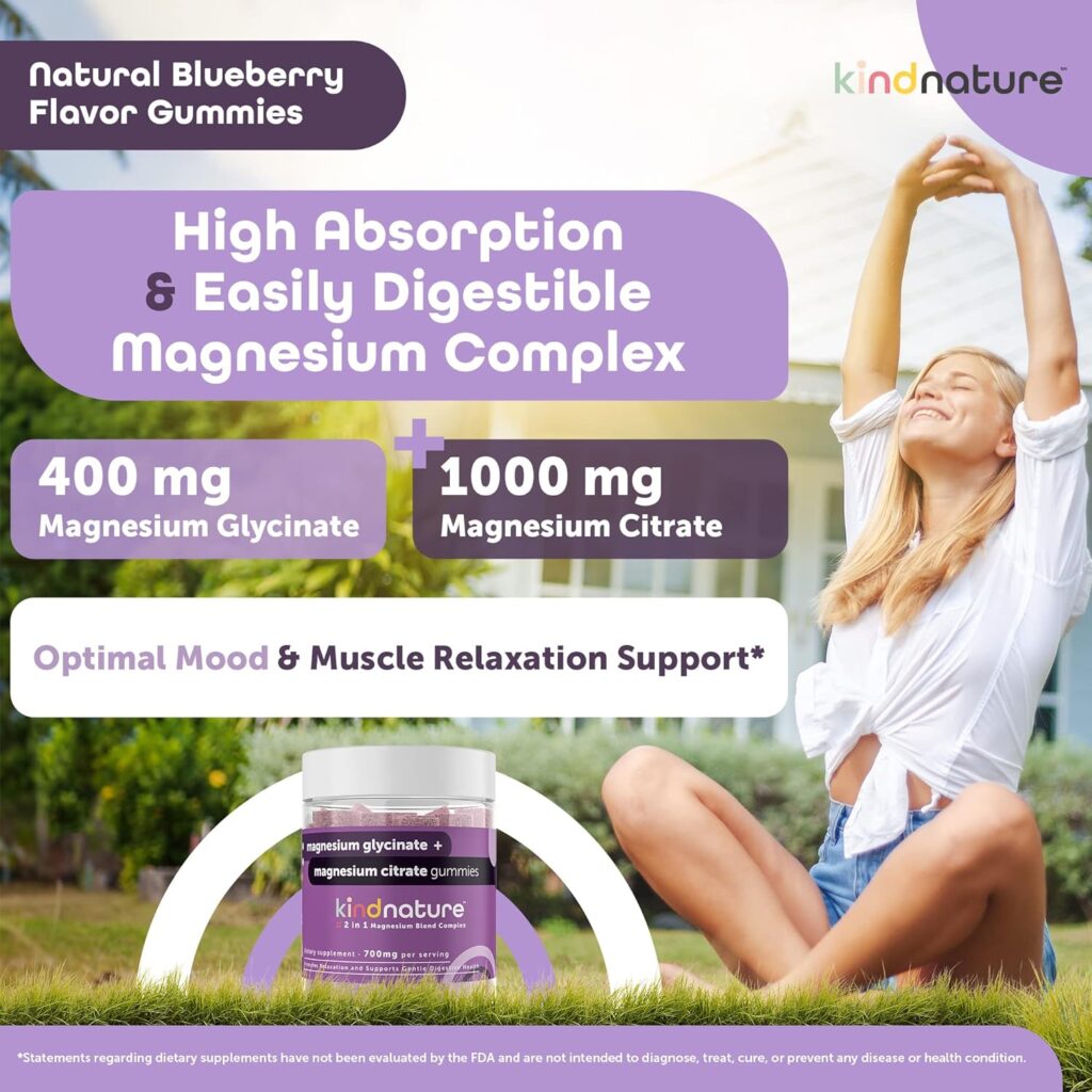 Kind Nature 2-in-1 Magnesium Gummies - 1000mg Magnesium Citrate Gummies  400mg Magnesium Glycinate Gummies for Kids  Adults - High Absorption Magnesium Complex Supplement for Calm  Sleep Support