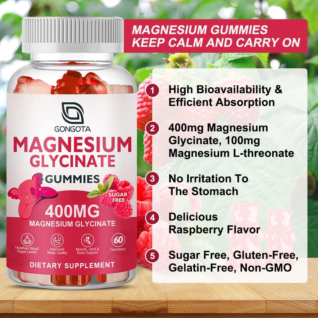 Magnesium Glycinate Gummies 400 mg with 100 mg Magnesium L-Threonate - Chelated Magnesium Potassium Supplement with Vitamin D, B6 Supports Calm, Sleep, Memory  Muscle Cramps,Sugar Free - 120 Gummies