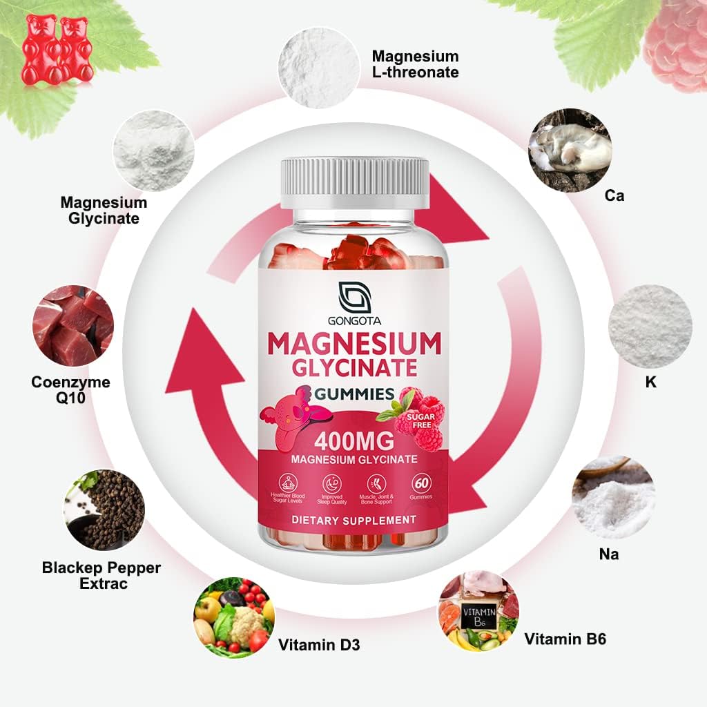 Magnesium Glycinate Gummies 400 mg with 100 mg Magnesium L-Threonate - Chelated Magnesium Potassium Supplement with Vitamin D, B6 Supports Calm, Sleep, Memory  Muscle Cramps,Sugar Free - 120 Gummies