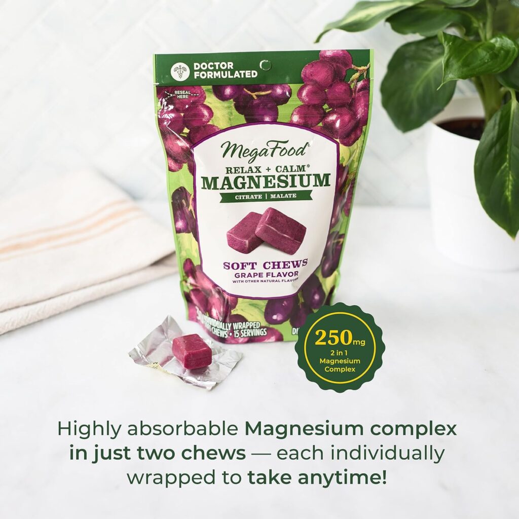 MegaFood Relax + Calm Magnesium Soft Chews - Grape-Flavor Magnesium Supplement - Doctor-Formulated to Aid Relaxation - Citrate + Malate - Vegetarian - Without 9 Food Allergens - 30 Chews (Pack of 1)