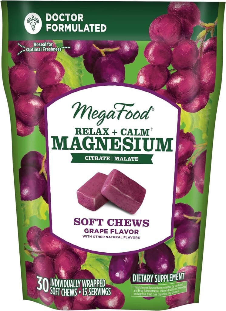 MegaFood Relax + Calm Magnesium Soft Chews - Grape-Flavor Magnesium Supplement - Doctor-Formulated to Aid Relaxation - Citrate + Malate - Vegetarian - Without 9 Food Allergens - 30 Chews (Pack of 1)