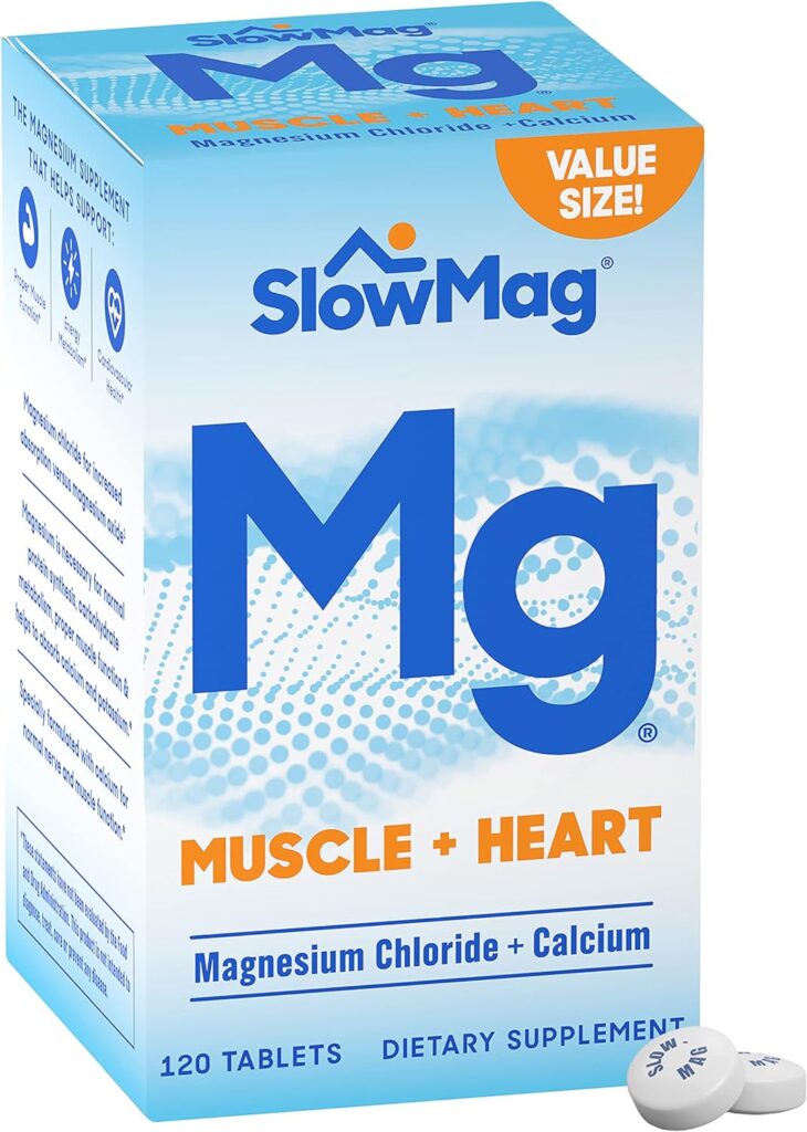 Slow-Mag Mg Muscle + Heart Magnesium Chloride with Calcium Supplement for Support of Heart, Muscles  Nervous System, 120 Count