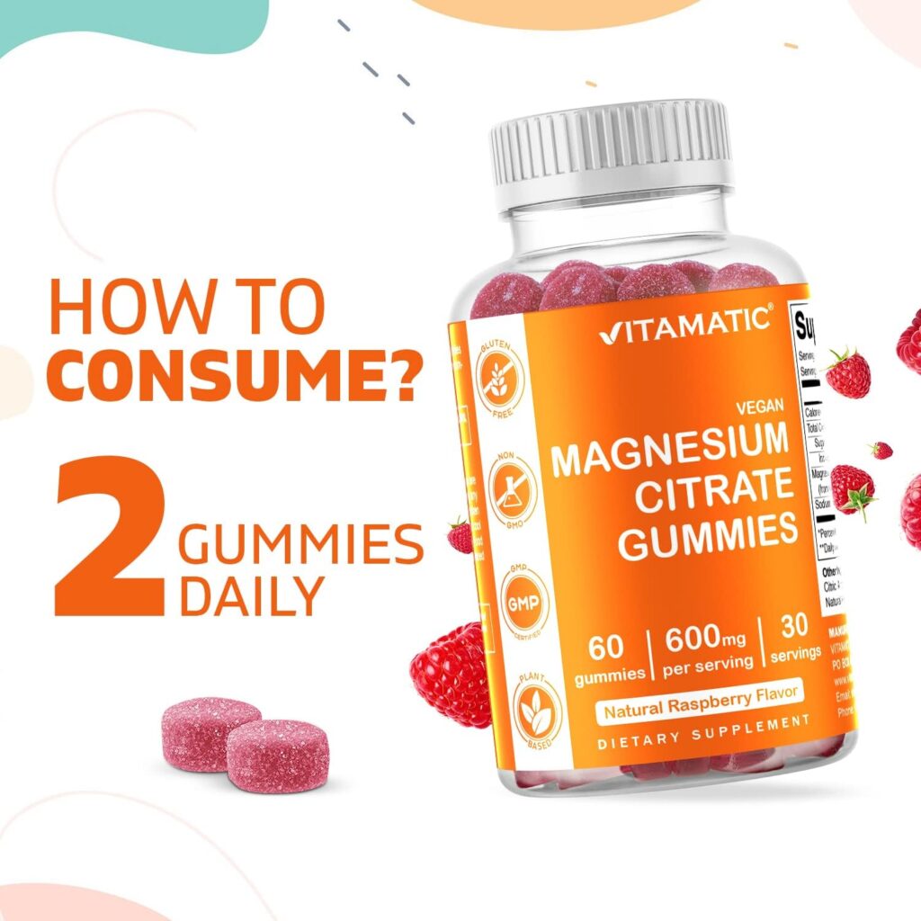 Vitamatic Magnesium Citrate Gummies 600mg per Serving - 60 Vegan Gummies - Promotes Healthy Relaxation, Muscle, Bone,  Energy Support (60 Gummies (Pack of 1))